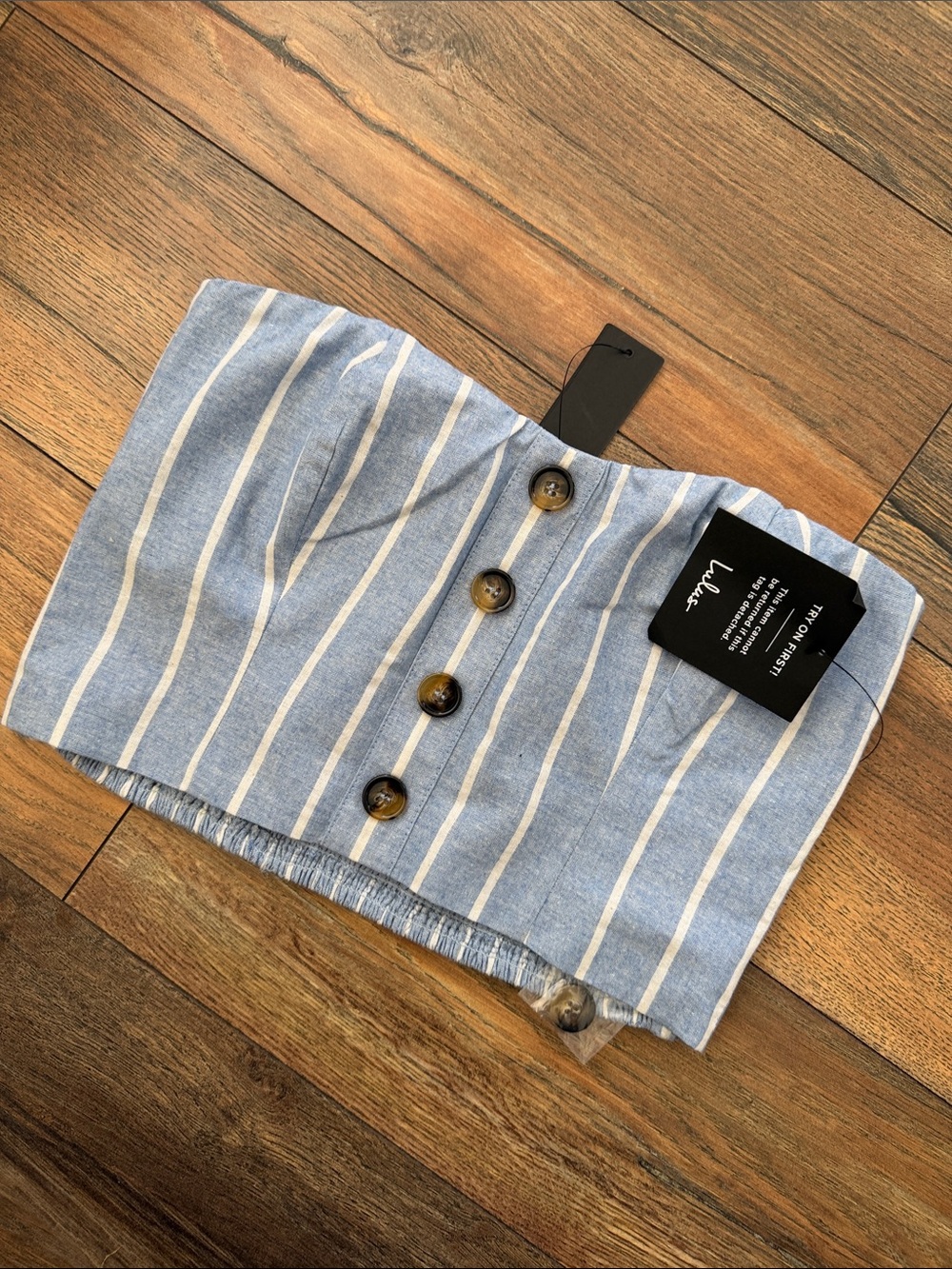 Lulu's Light Blue & White Striped Button-Front tube top crop